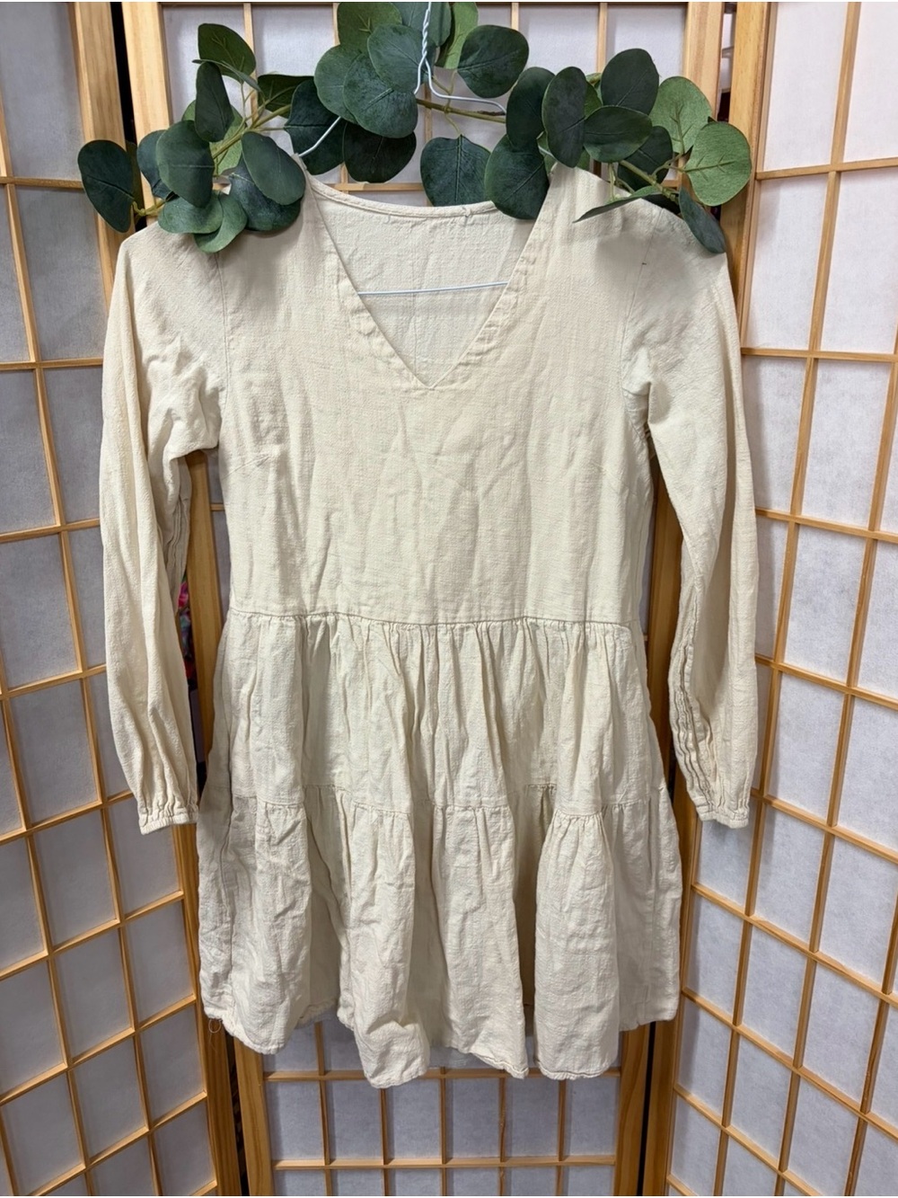 Cream V-Neck Tiered Long Sleeve Dress